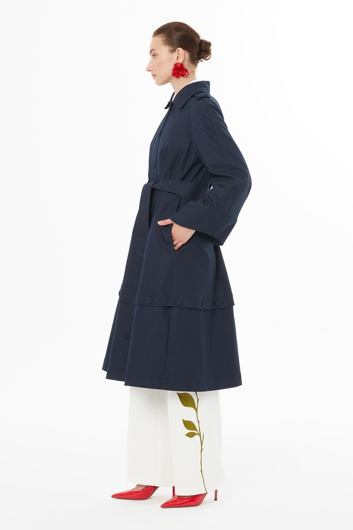 Navy Trench Coat with Wide Sleeves and Hidden Buttons