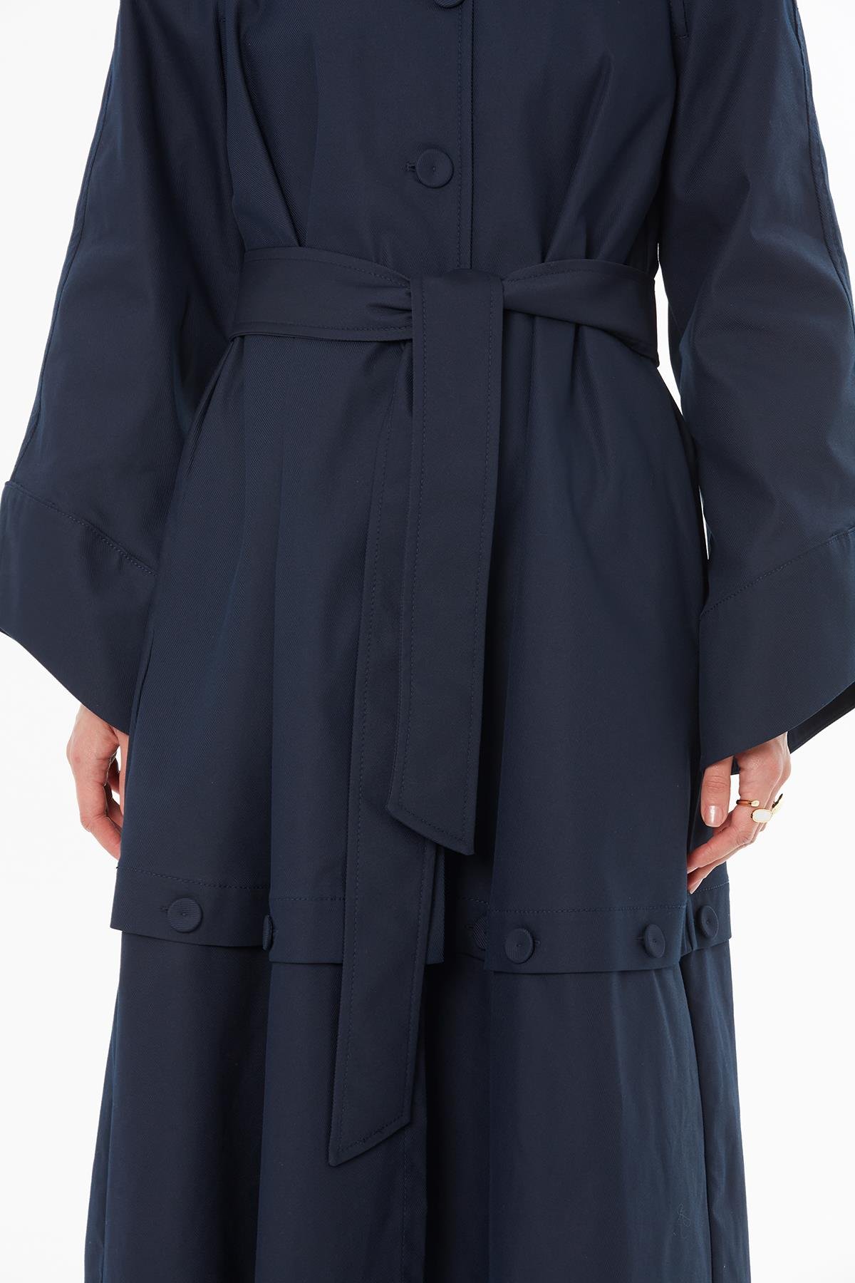 Navy Trench Coat with Wide Sleeves and Hidden Buttons
