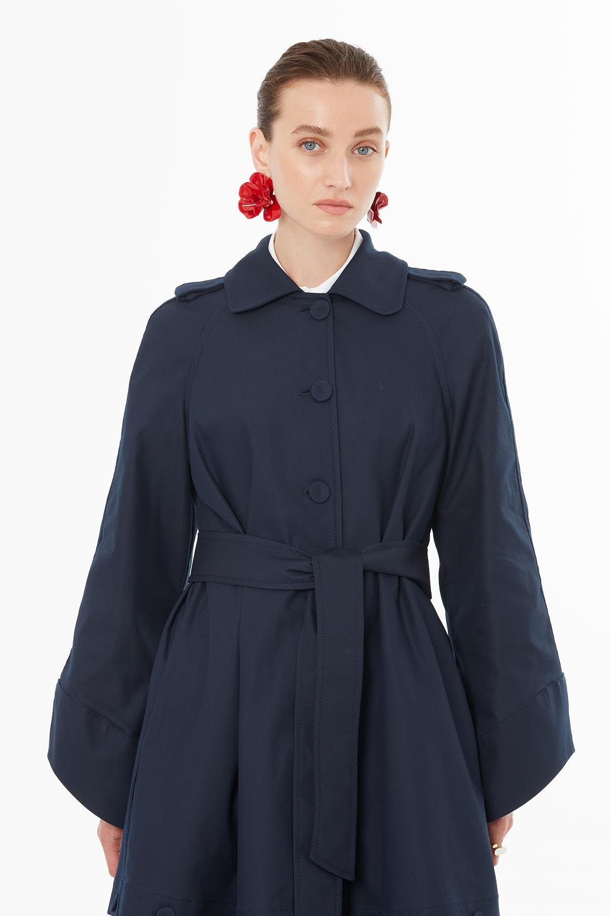 Navy Trench Coat with Wide Sleeves and Hidden Buttons