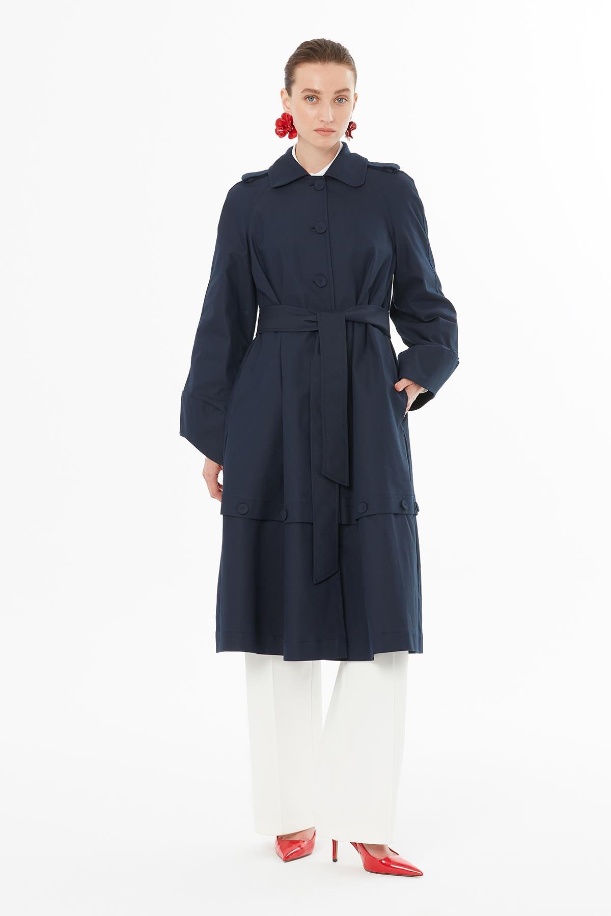 Navy Trench Coat with Wide Sleeves and Hidden Buttons