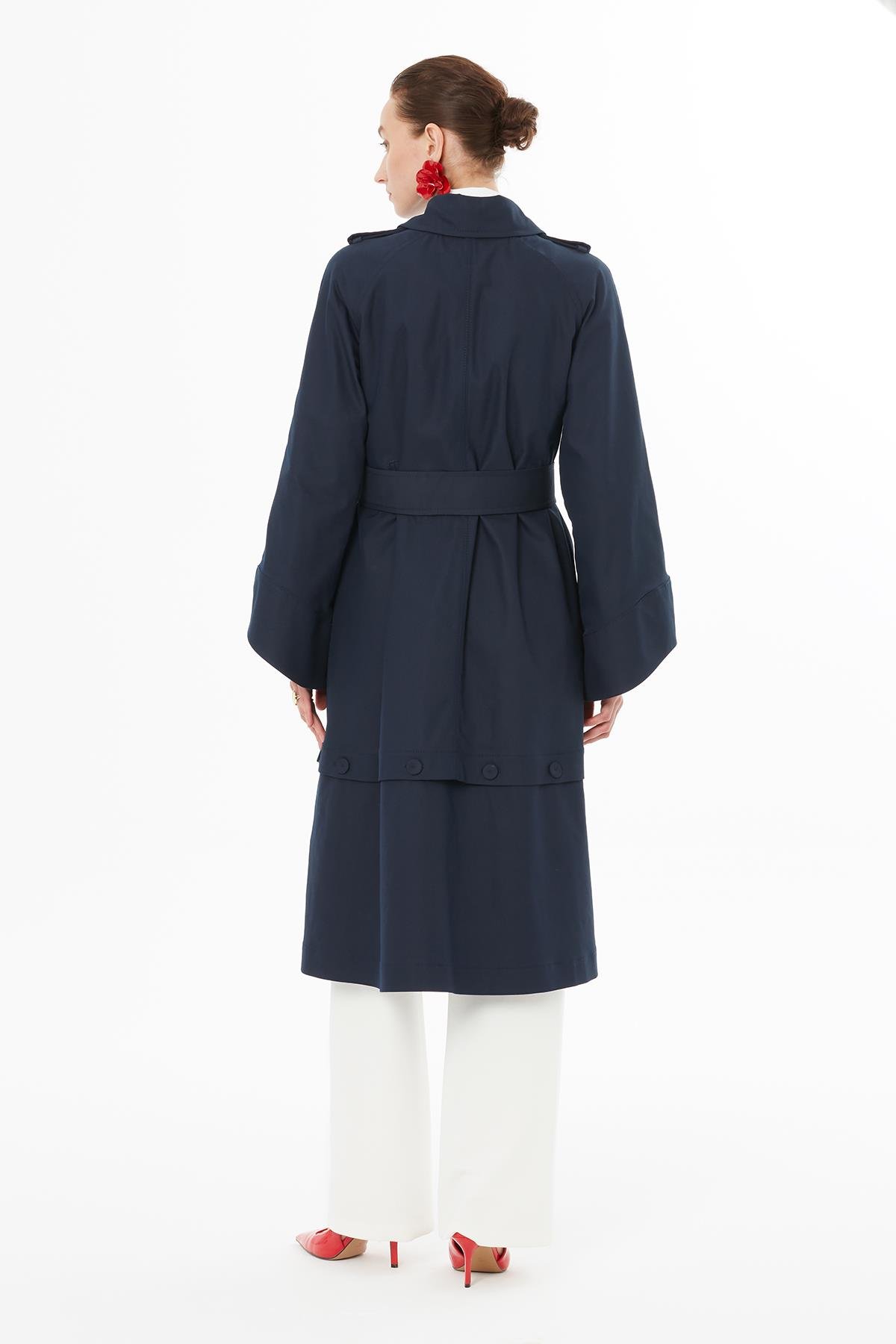 Navy Trench Coat with Wide Sleeves and Hidden Buttons