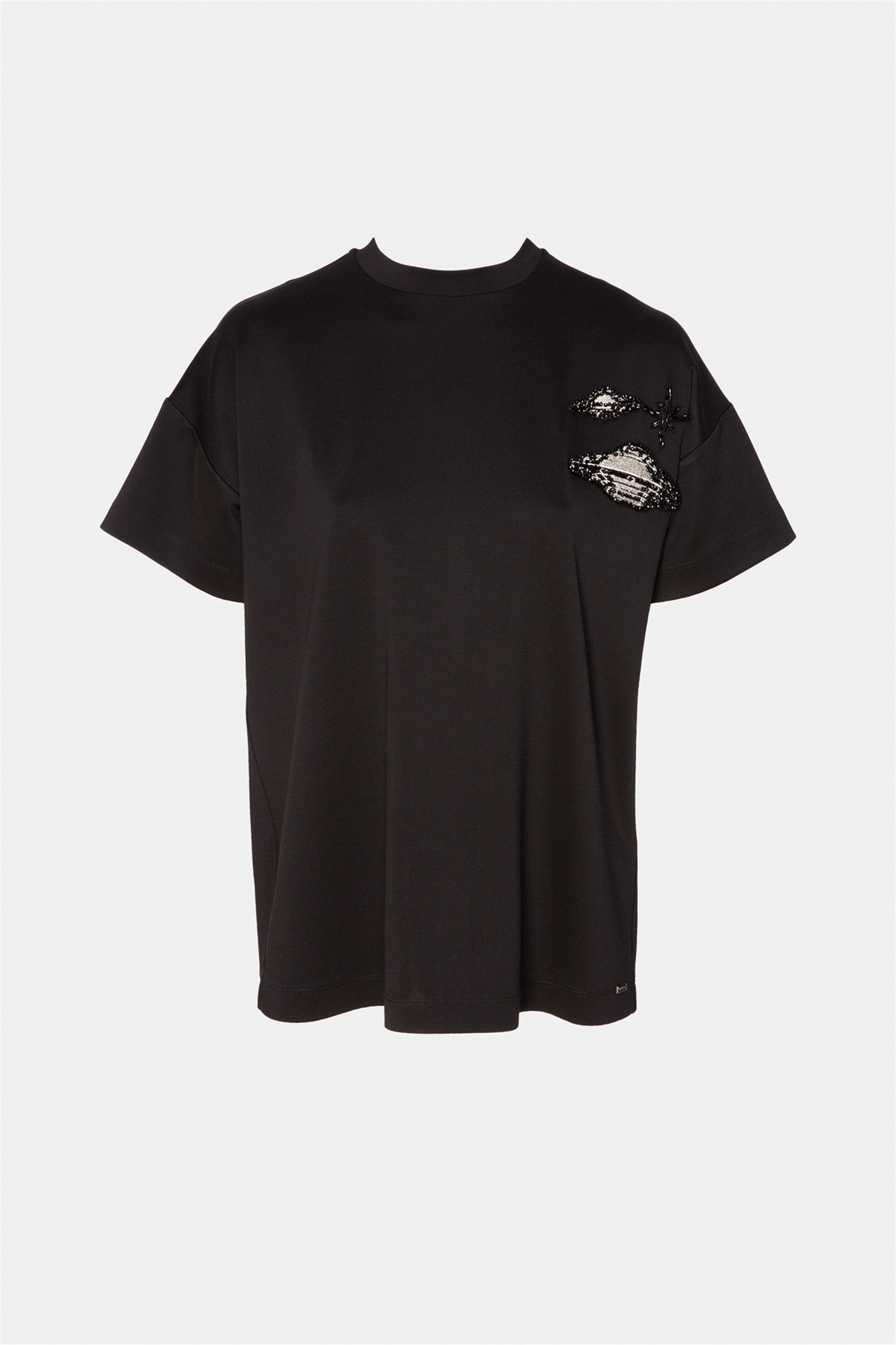 Gezegen Yıldız Nakış Detaylı Basic Siyah Tshirt