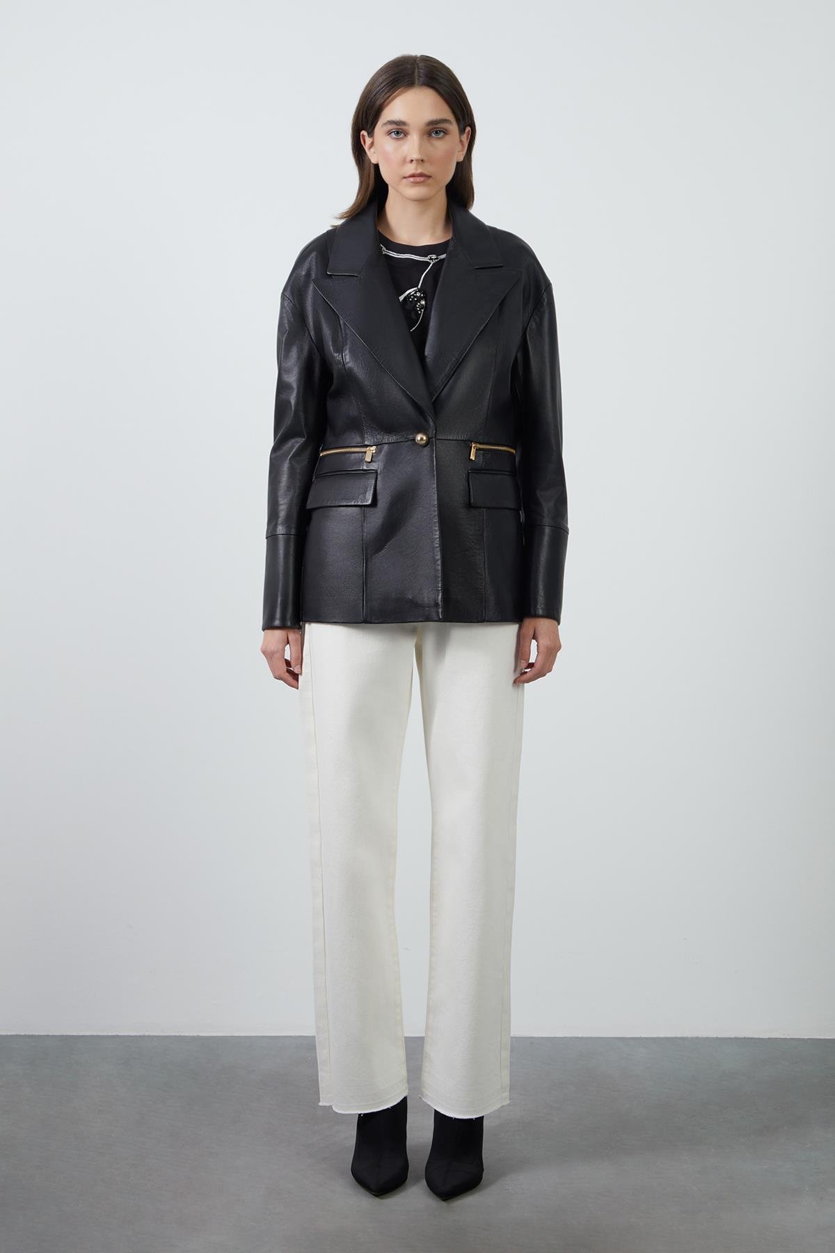 Gold Button Detail Black Leather Jacket with Zipper