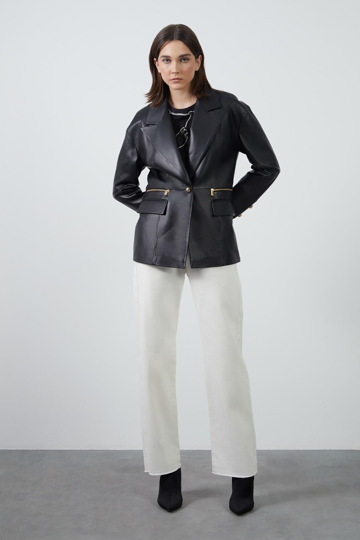 Gold Button Detail Black Leather Jacket with Zipper