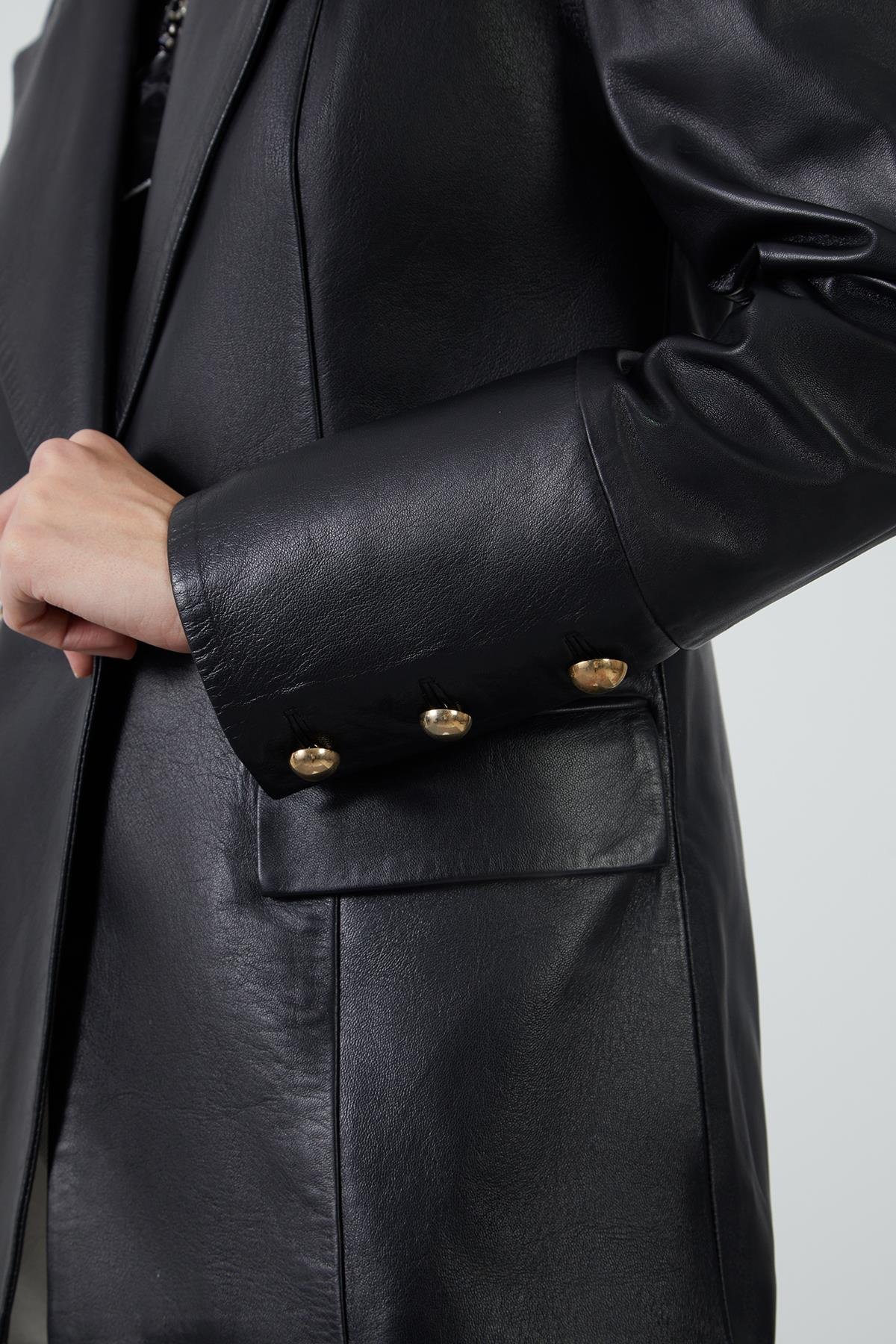Gold Button Detail Black Leather Jacket with Zipper