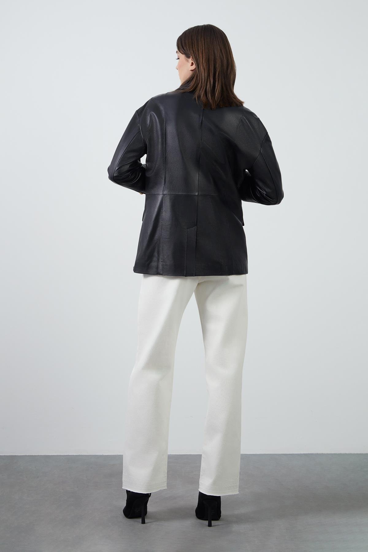 Gold Button Detail Black Leather Jacket with Zipper