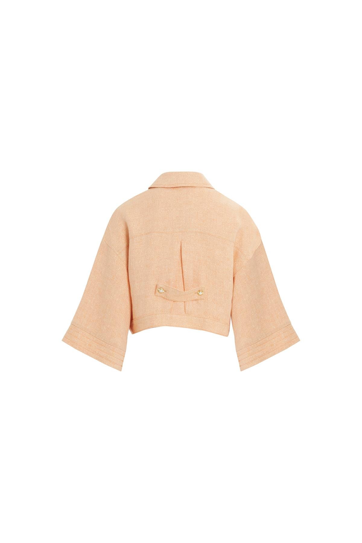 Gold Düğme Detaylı İşlemeli Turuncu Kısa Ceket