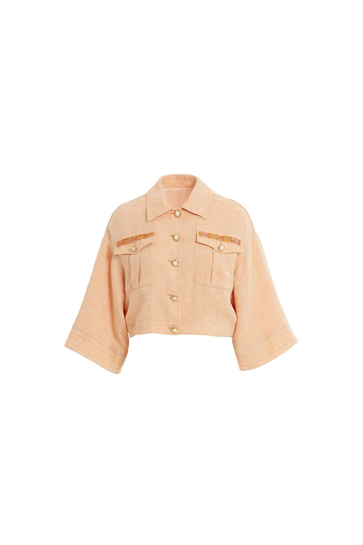 Gold Düğme Detaylı İşlemeli Turuncu Kısa Ceket