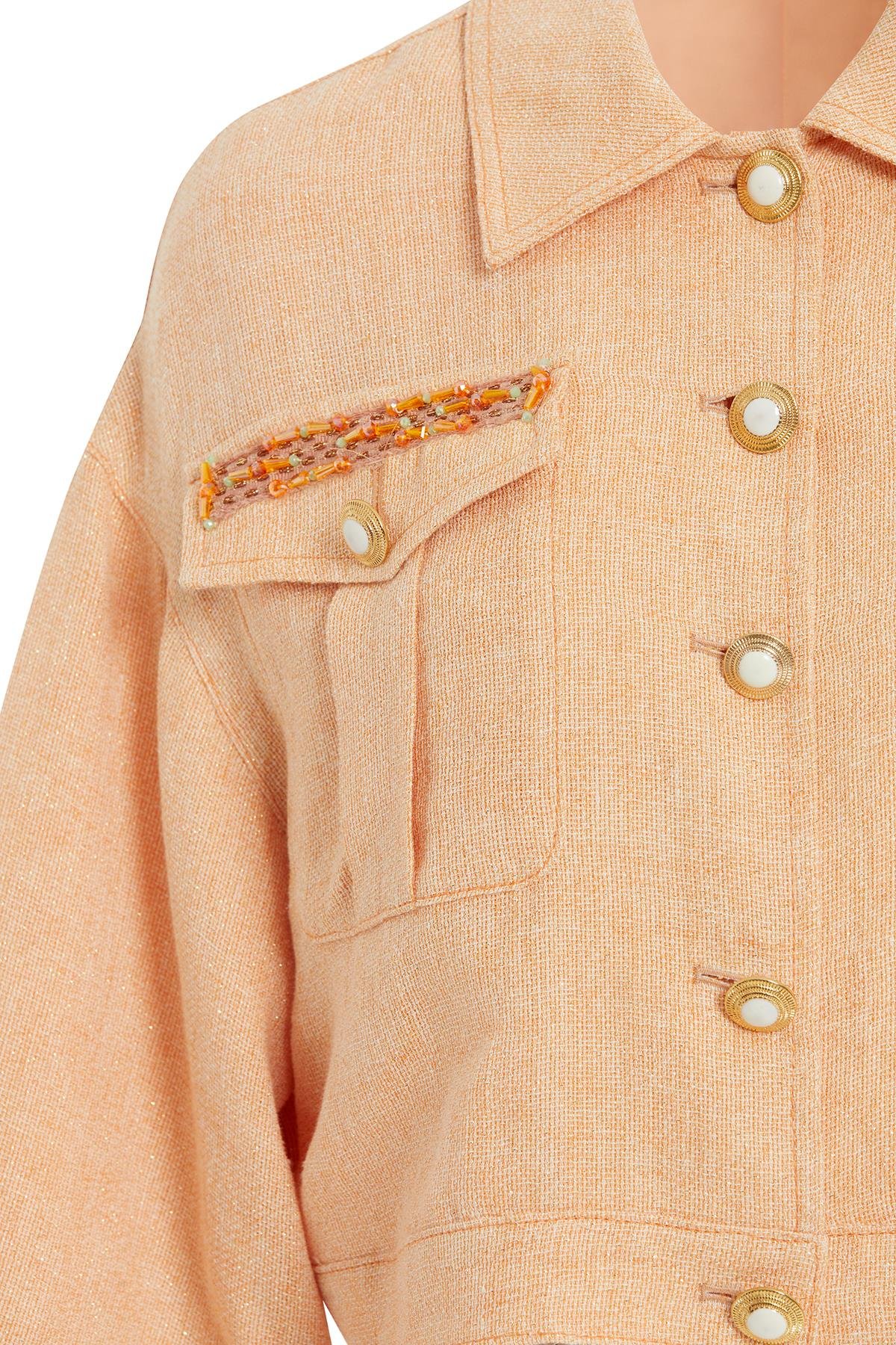 Gold Düğme Detaylı İşlemeli Turuncu Kısa Ceket