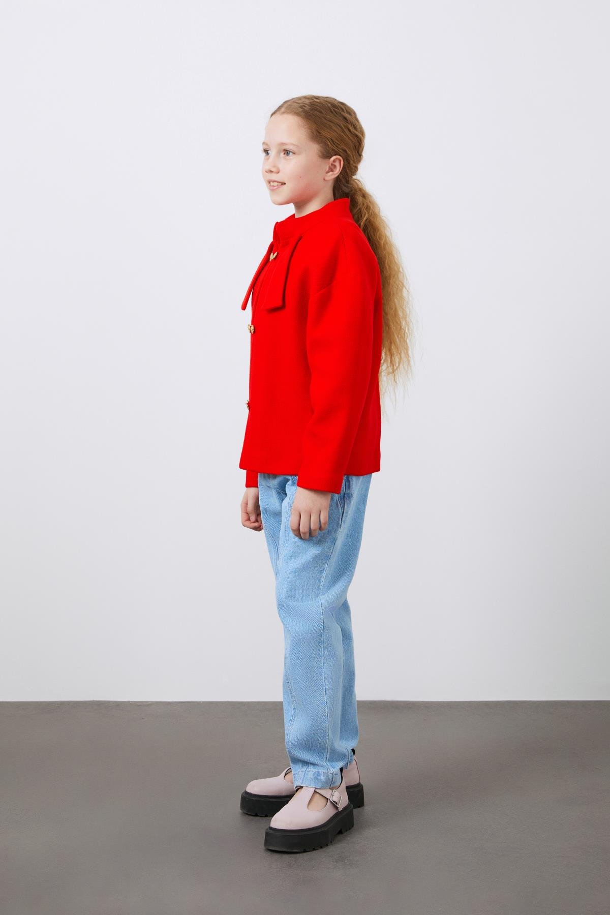 Gold Düğme Detaylı Kırmızı Kız Çocuk Ceket