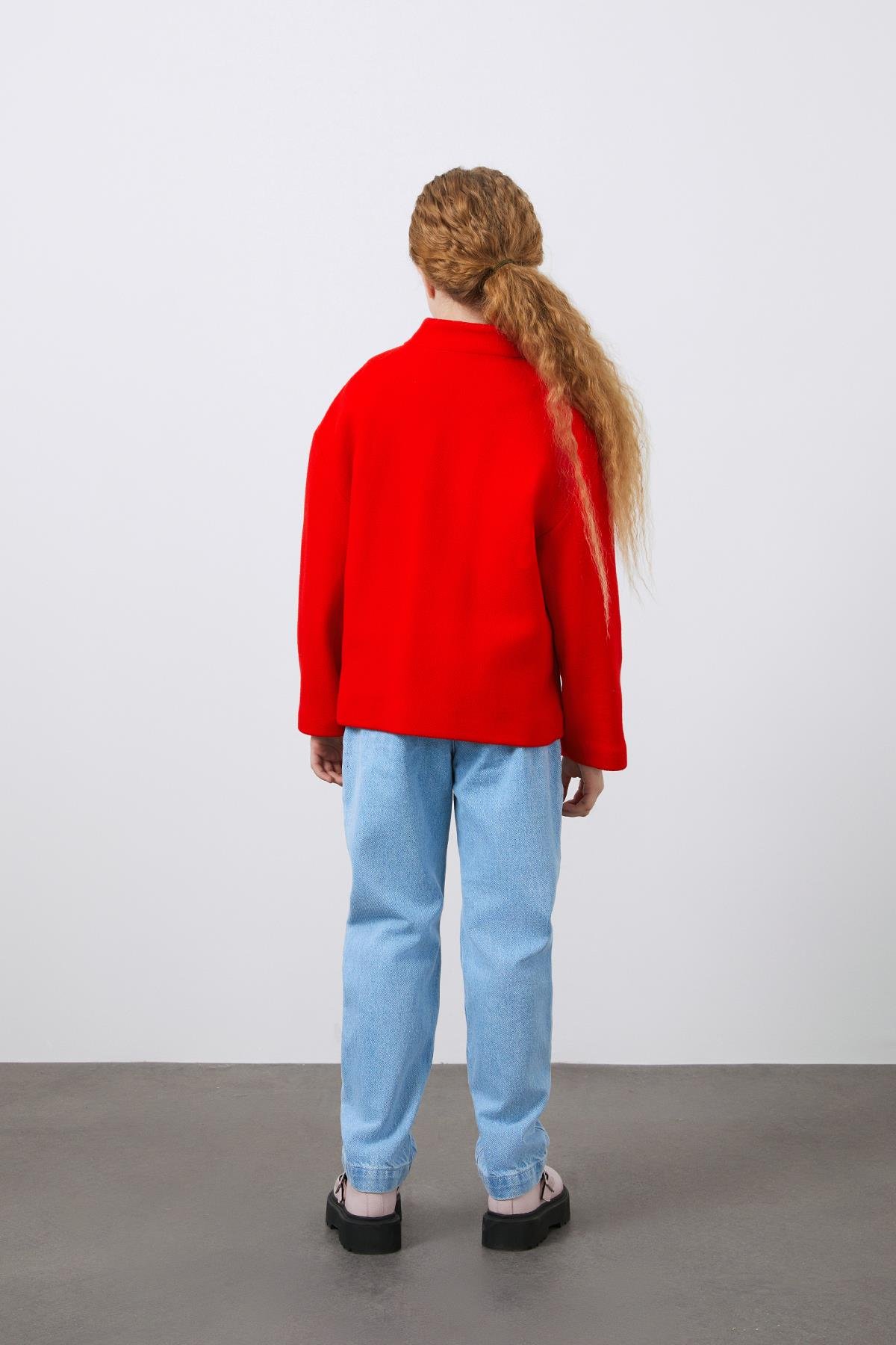 Gold Düğme Detaylı Kırmızı Kız Çocuk Ceket