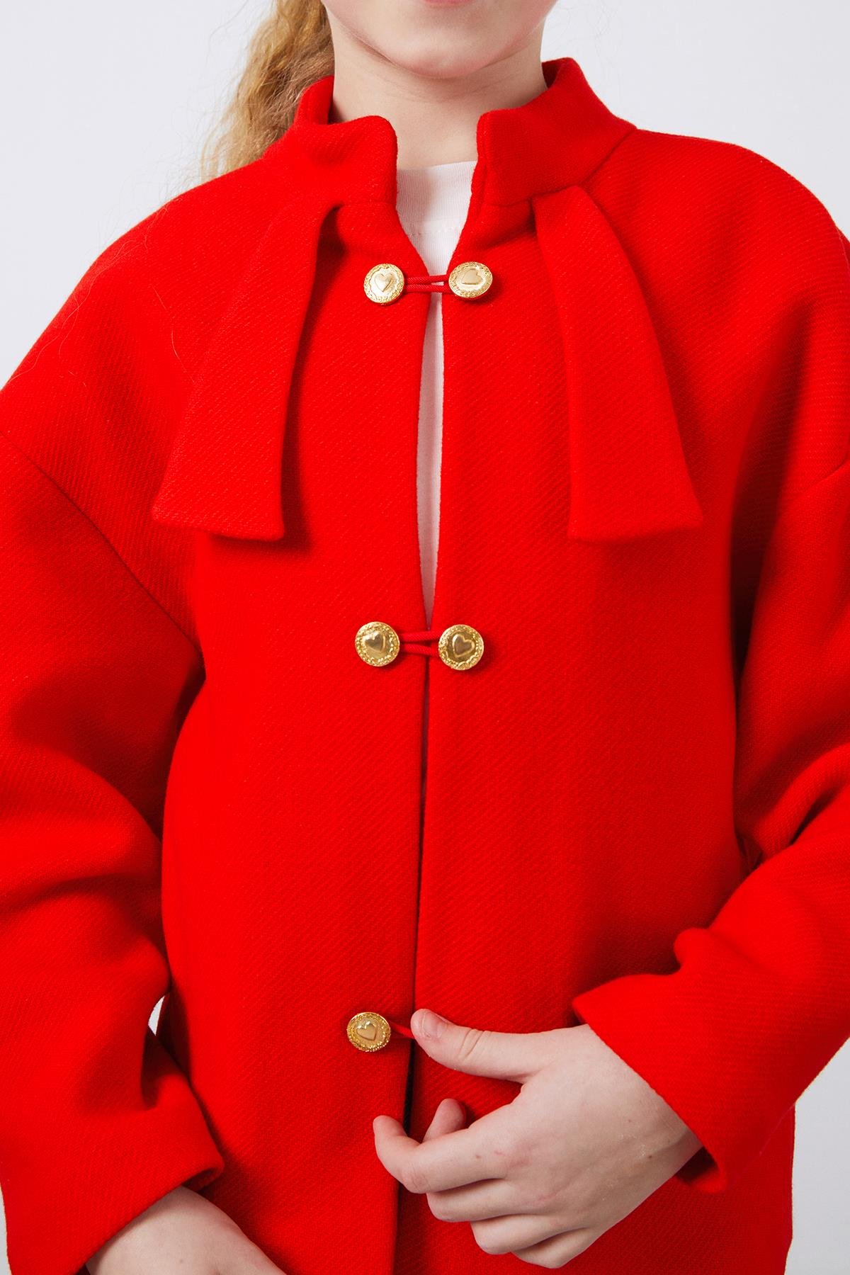 Gold Düğme Detaylı Kırmızı Kız Çocuk Ceket