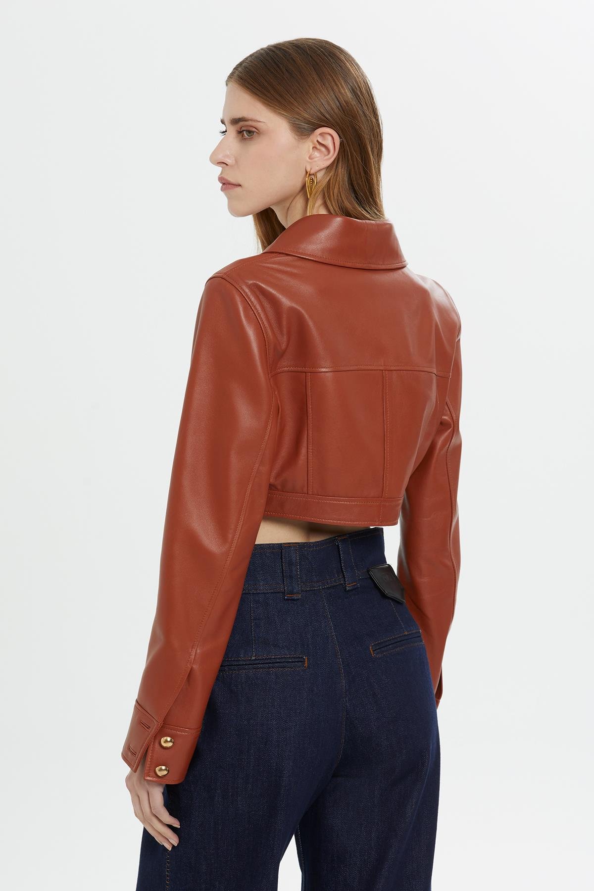 Short Red Leather Jacket with Gold Button Detail
