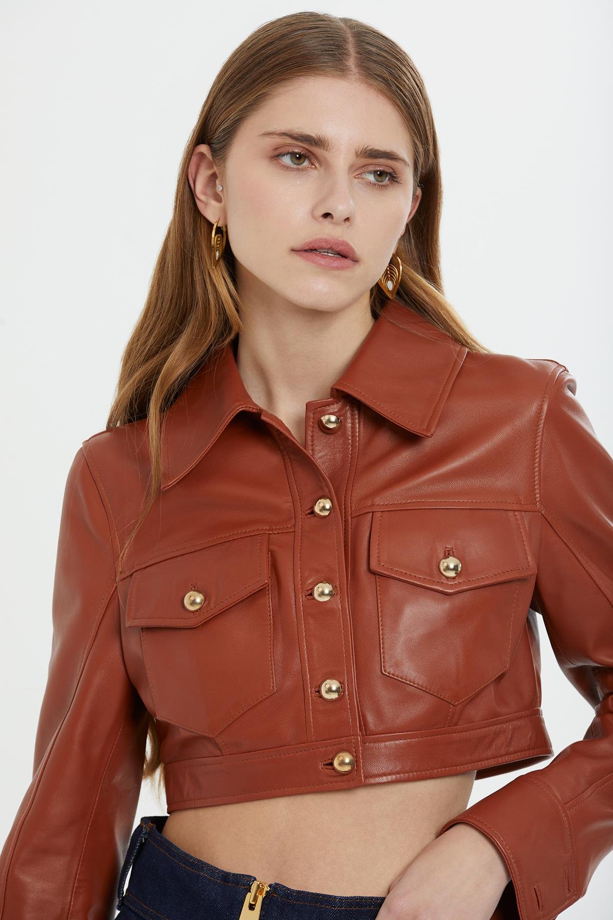 Short Red Leather Jacket with Gold Button Detail