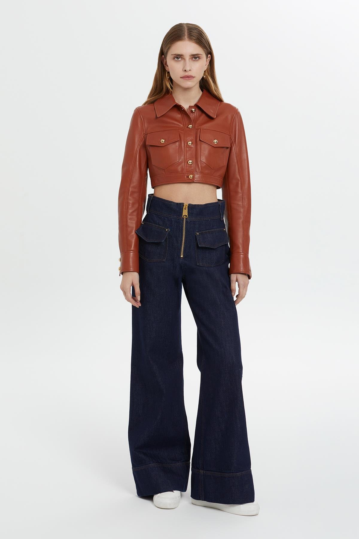 Short Red Leather Jacket with Gold Button Detail