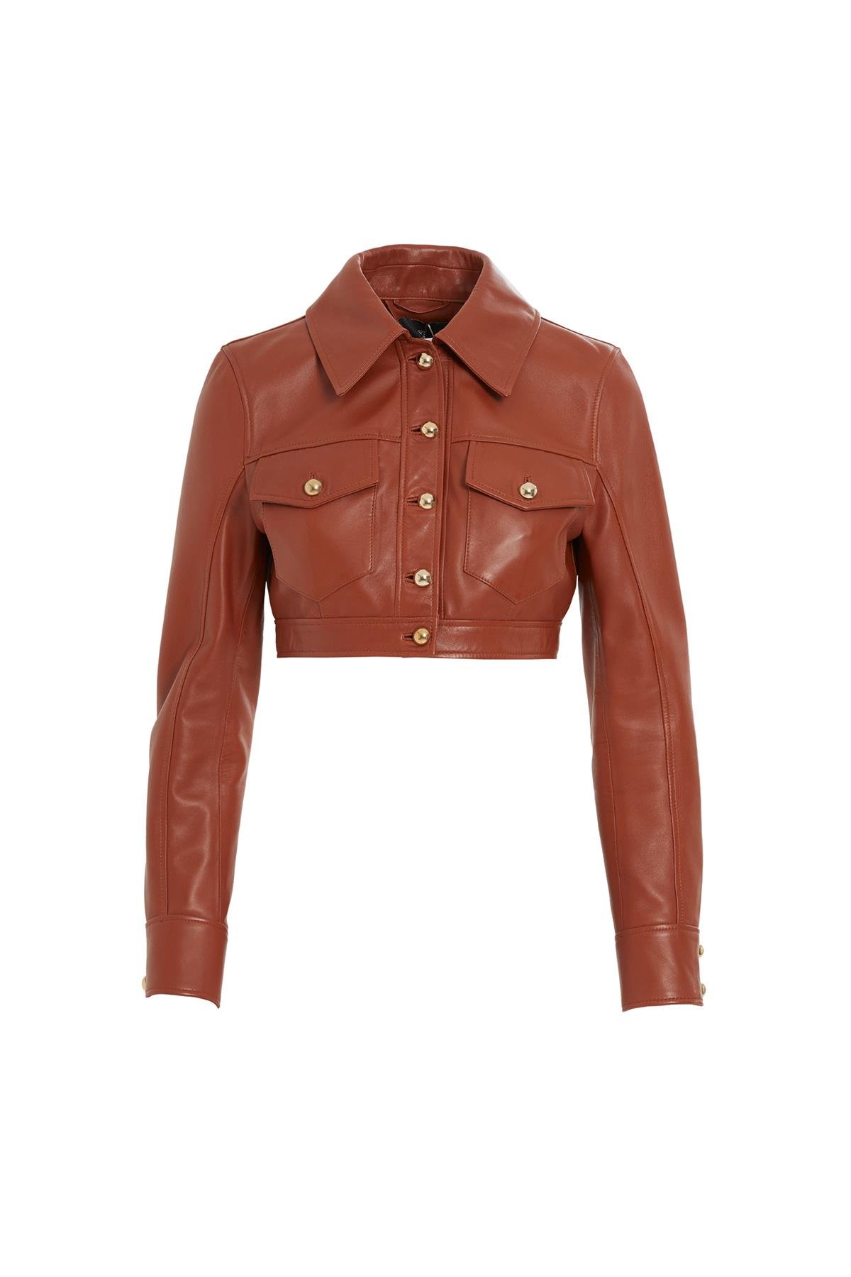 Short Red Leather Jacket with Gold Button Detail