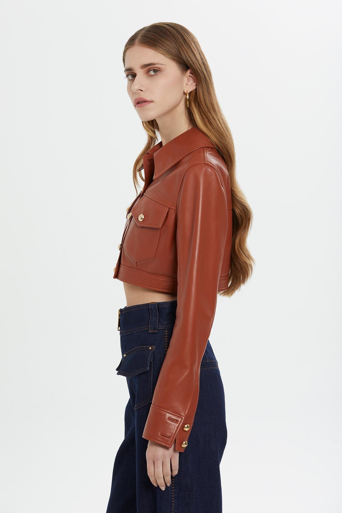 Short Red Leather Jacket with Gold Button Detail