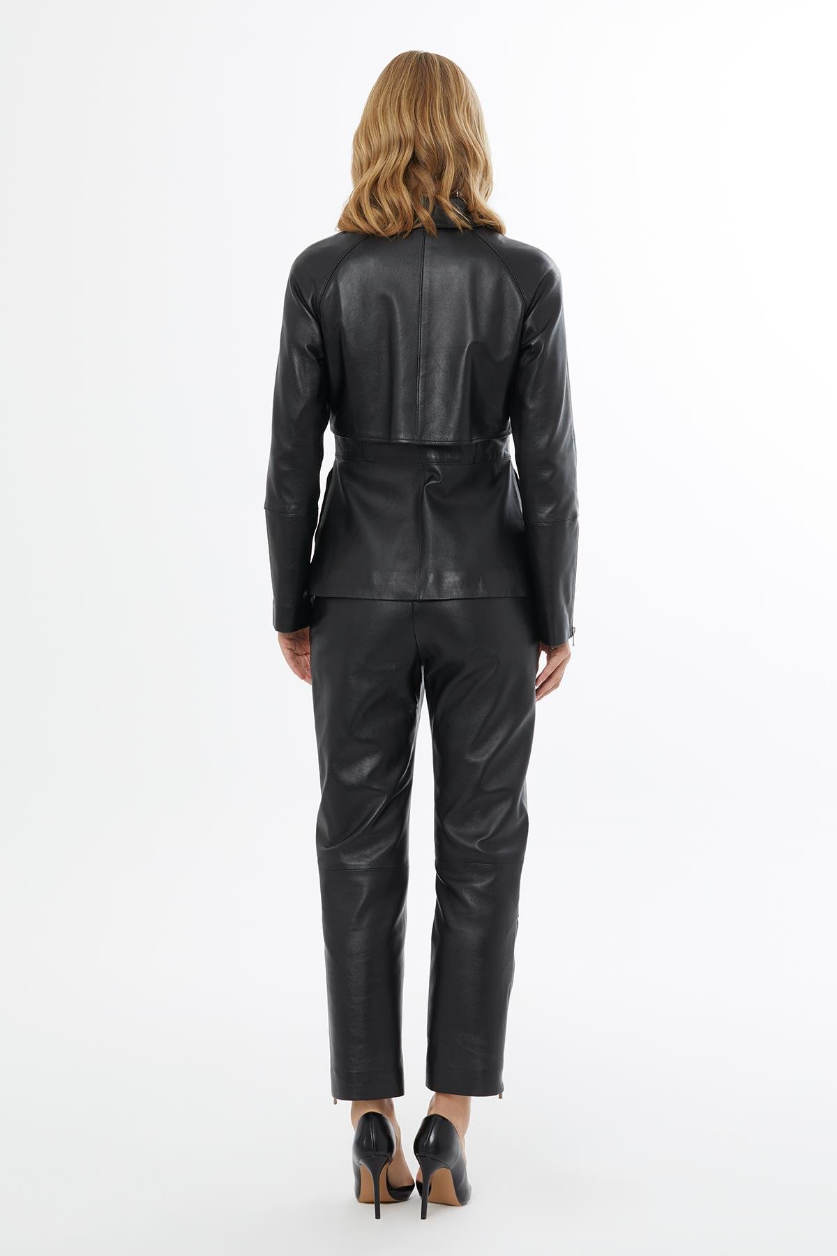 Short Black Leather Jacket with Gold Button Details