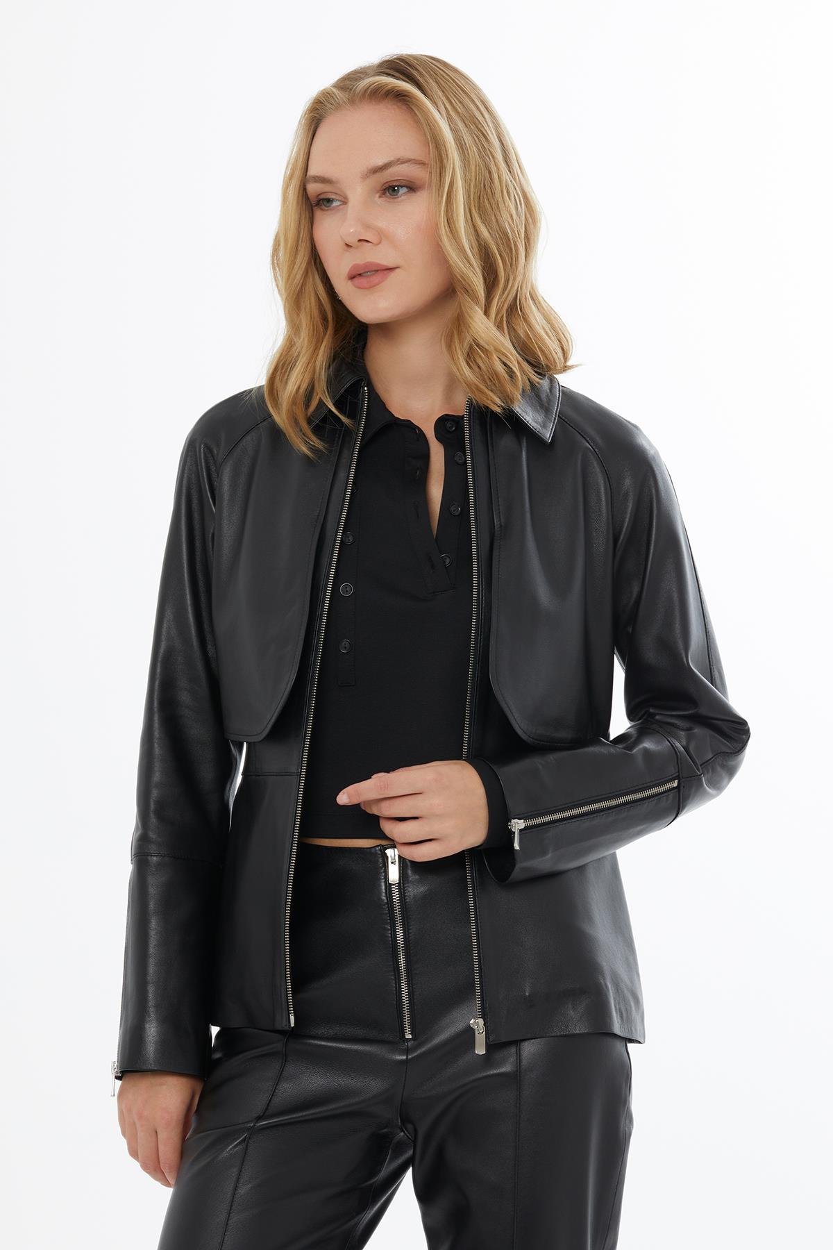 Short Black Leather Jacket with Gold Button Details