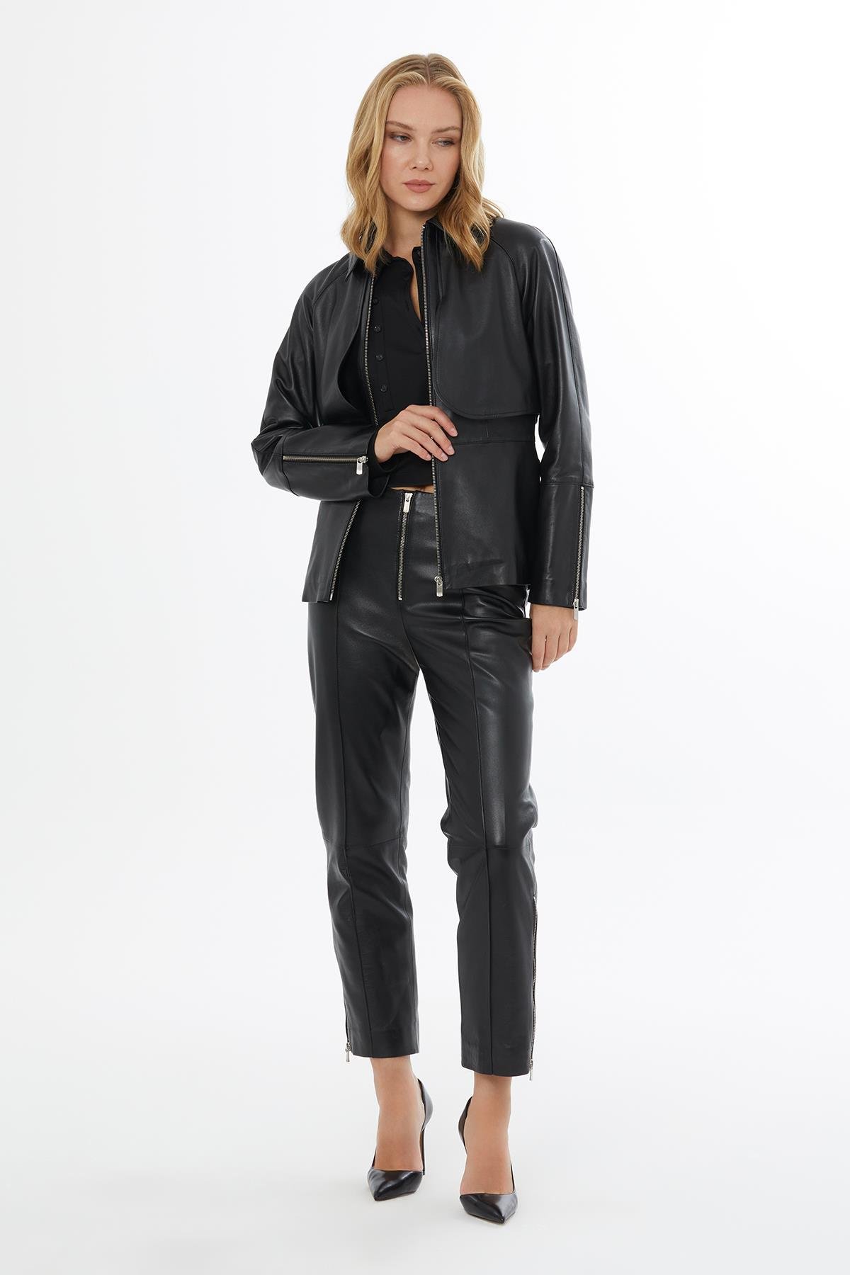 Short Black Leather Jacket with Gold Button Details