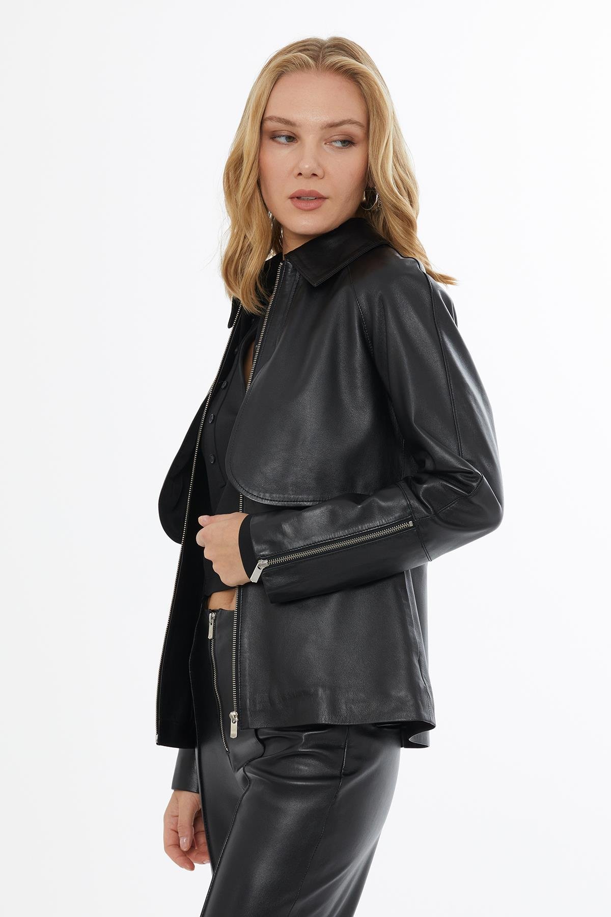 Short Black Leather Jacket with Gold Button Details