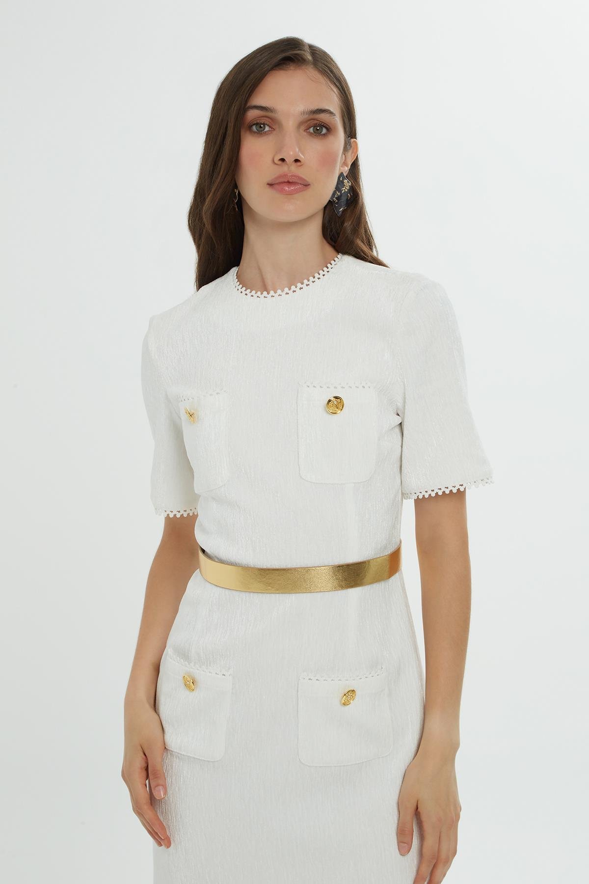 Gold Kemer Detaylı Kısa Kollu Uzun Ekru Elbise