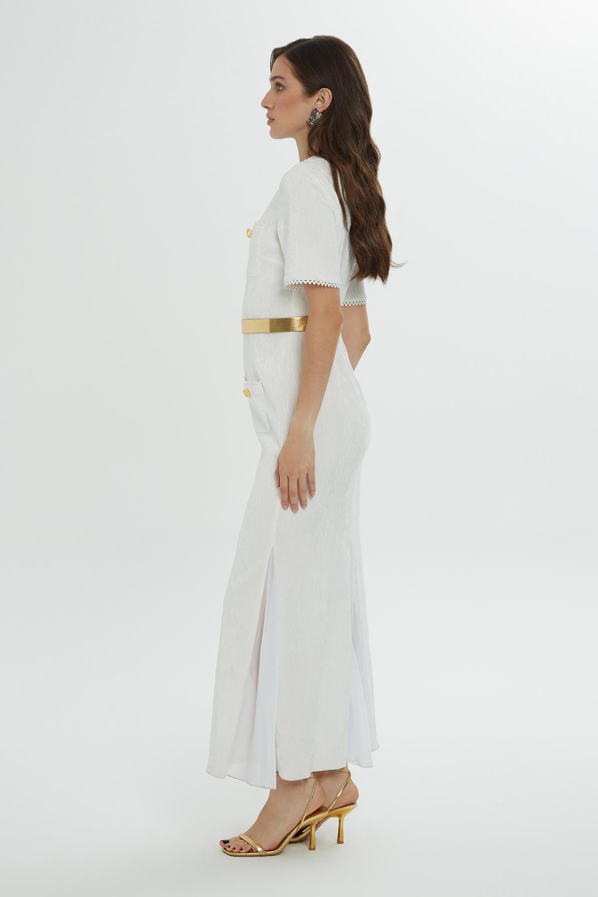 Gold Kemer Detaylı Kısa Kollu Uzun Ekru Elbise
