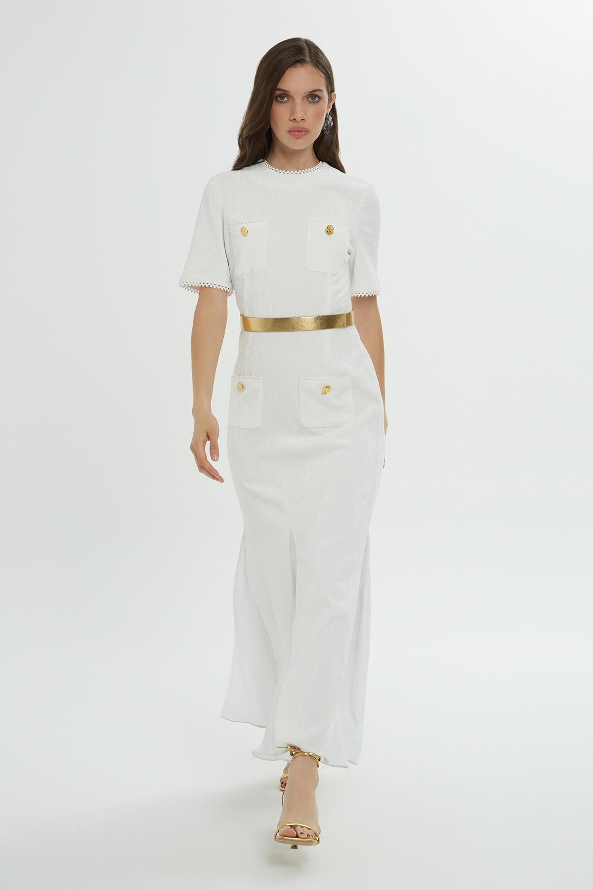 Gold Kemer Detaylı Kısa Kollu Uzun Ekru Elbise