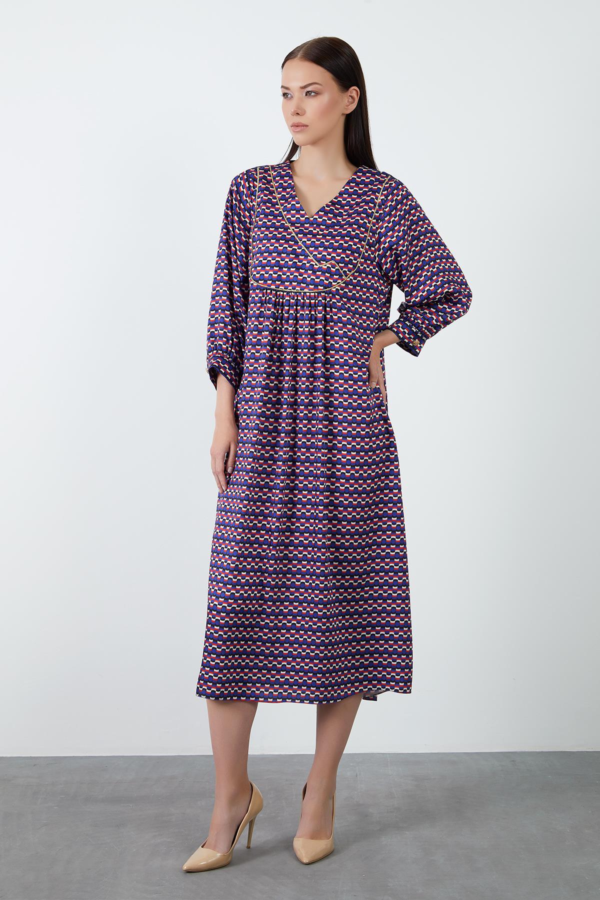 Long Dress with Gold Stripe Detail and V-Neck