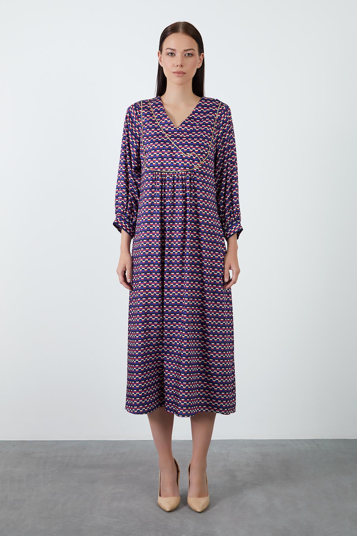 Long Dress with Gold Stripe Detail and V-Neck