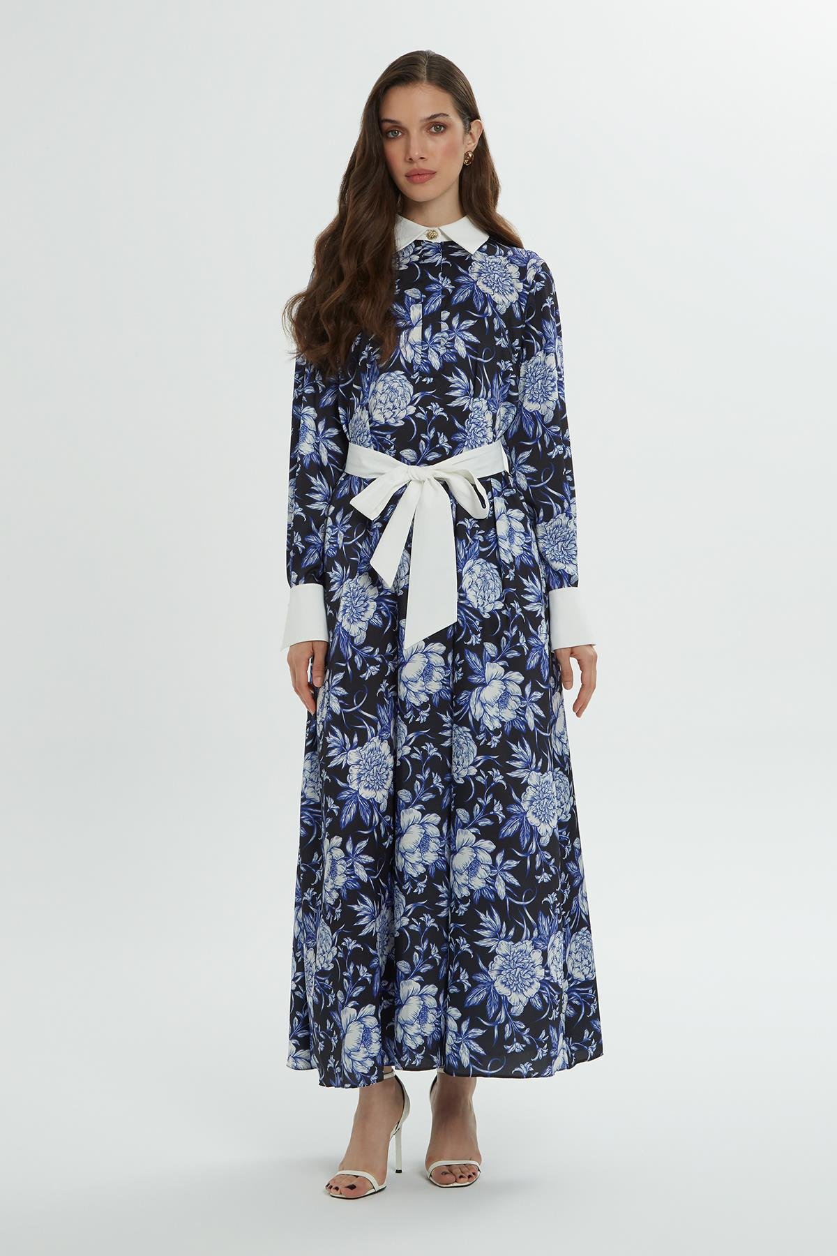 Gömlek Yaka Desenli Midi Boy Mavi Elbise