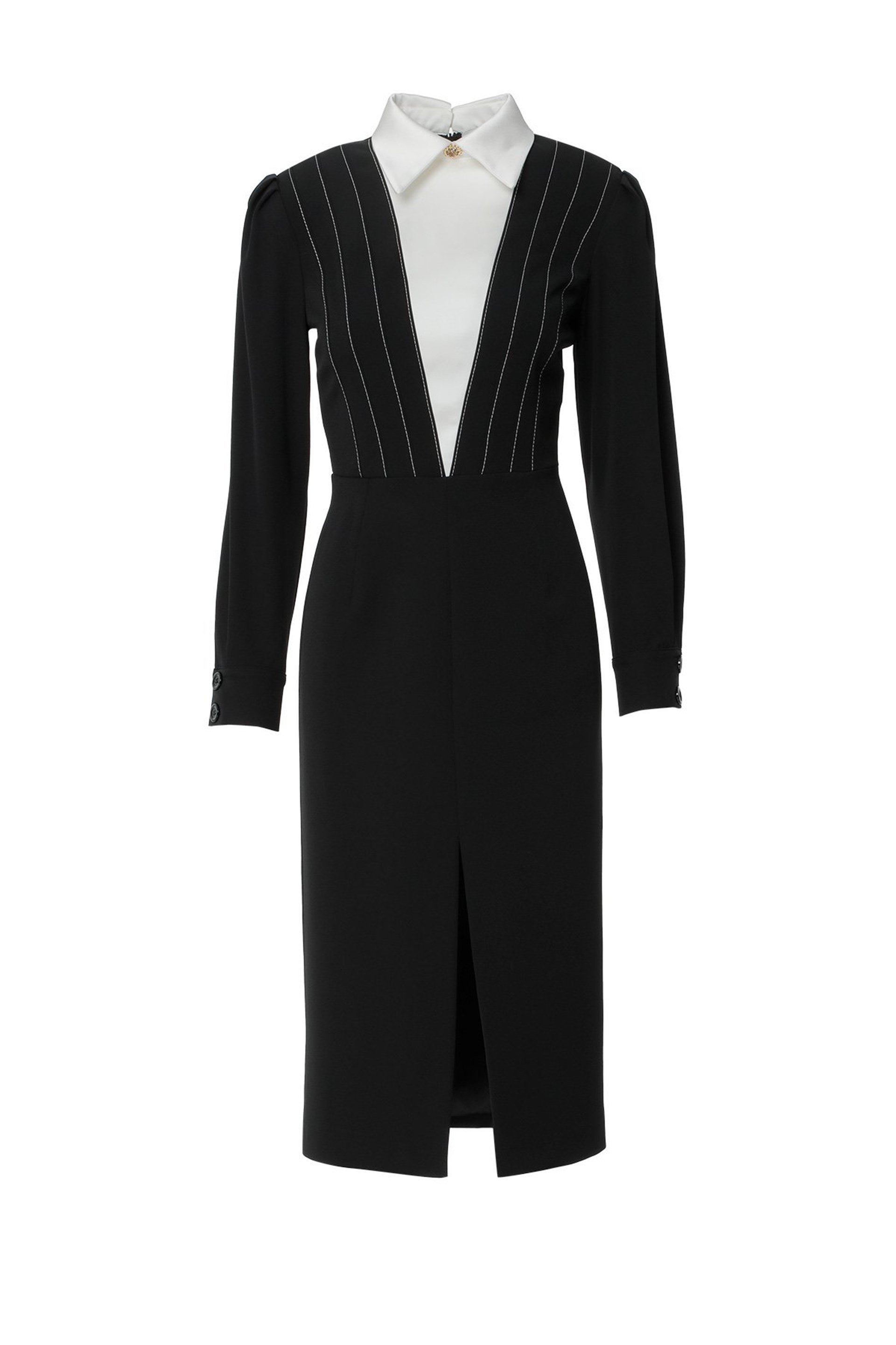 Gömlek Yaka Detaylı Siyah Midi Elbise