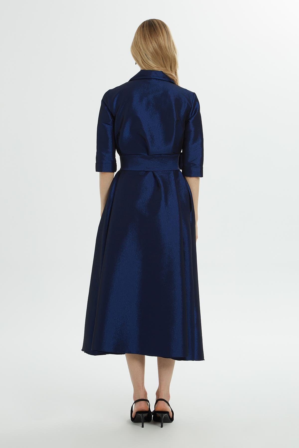 Gömlek Yaka Düğmeli Ve Bağlamalı Sak Mavisi Elbise