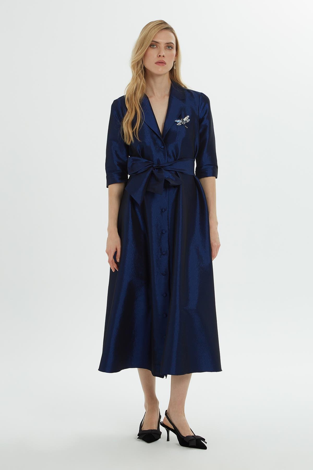 Gömlek Yaka Düğmeli Ve Bağlamalı Sak Mavisi Elbise