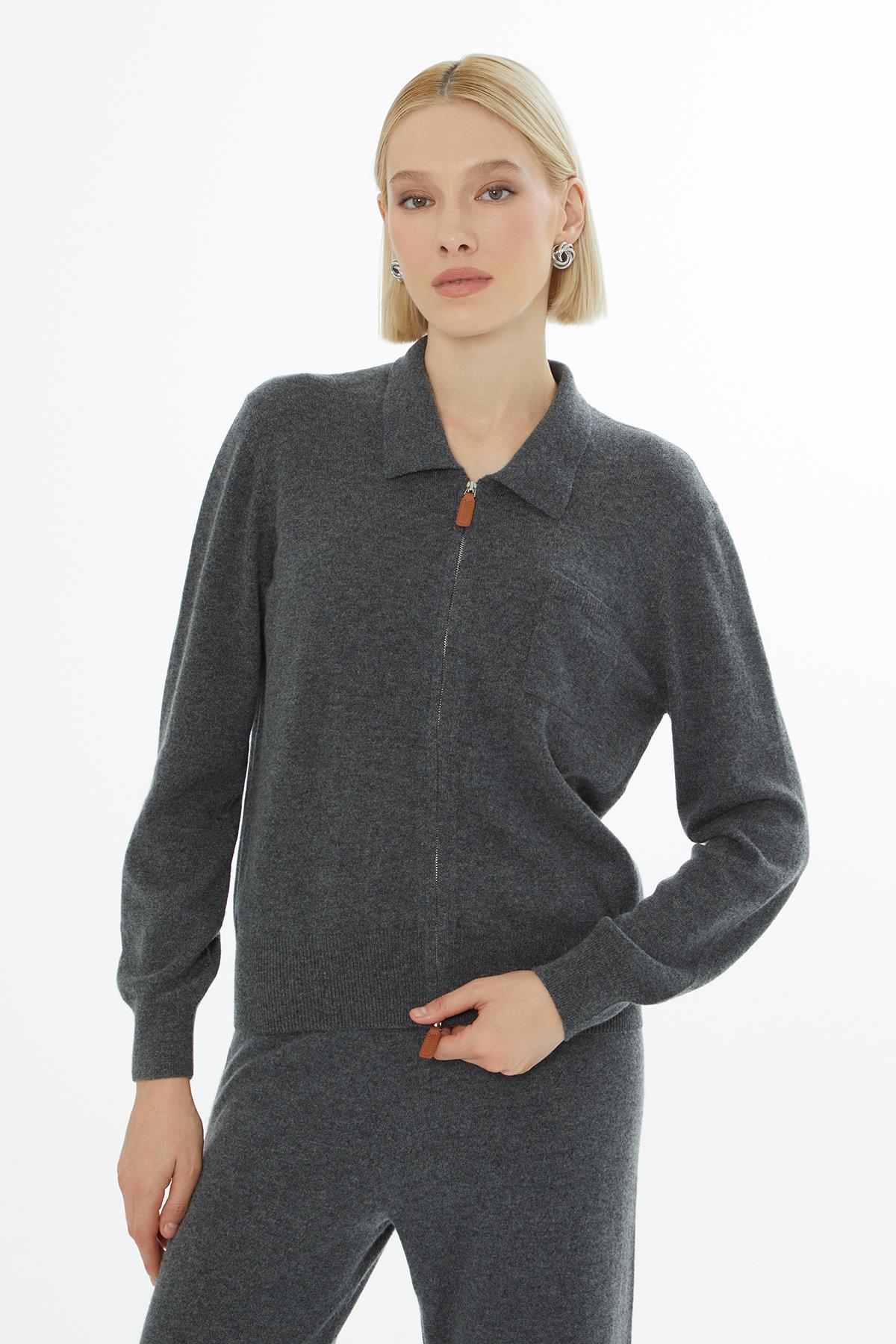 Gömlek Yaka Fermuar Kapamalı Uzun Kollu Hırka