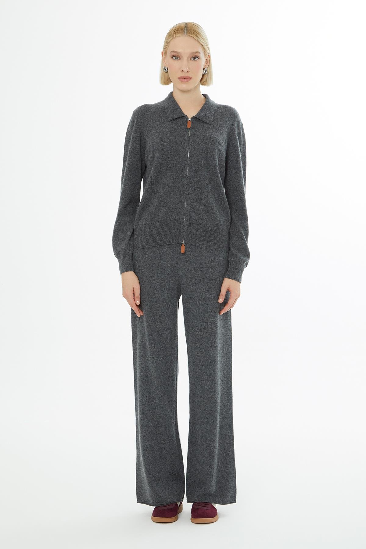 Gömlek Yaka Fermuar Kapamalı Uzun Kollu Hırka