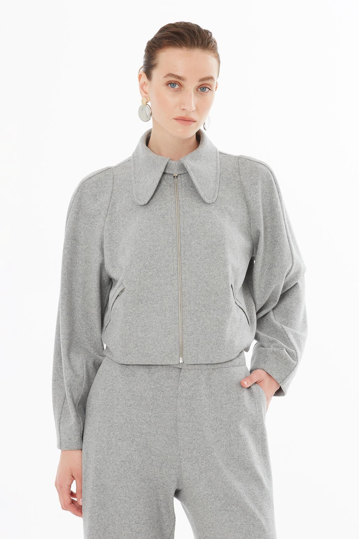 Grey Zippered Jacket with Shirt Collar