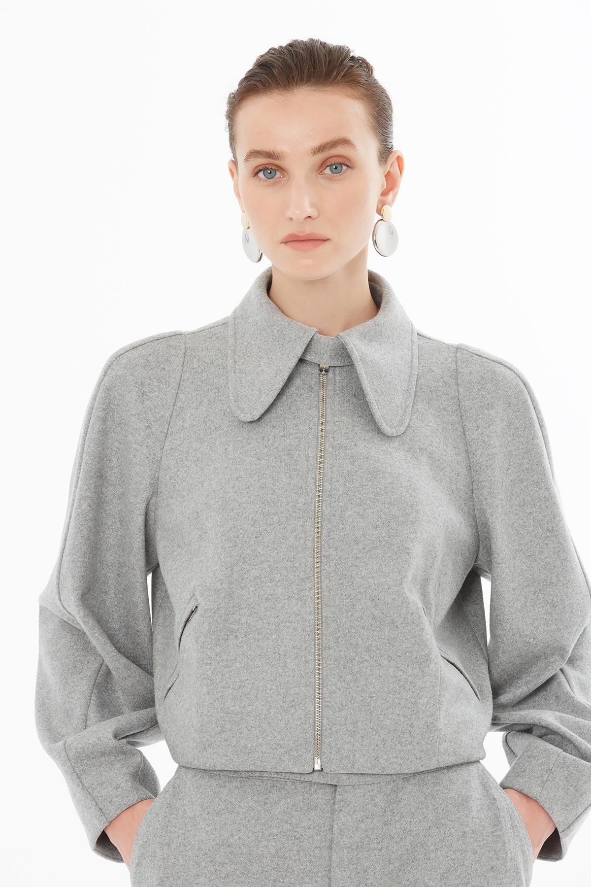 Grey Zippered Jacket with Shirt Collar
