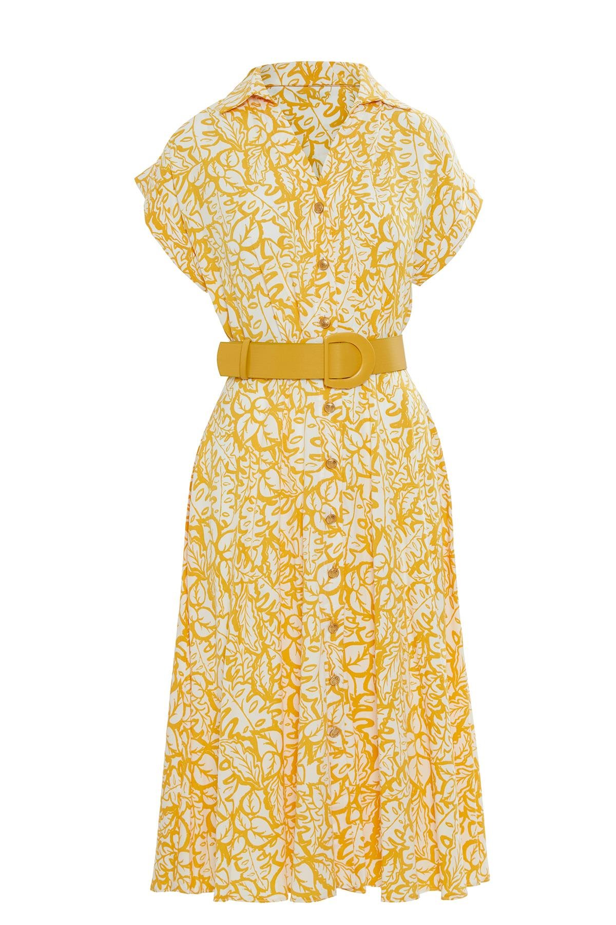 Gömlek Yaka Kısa Kollu Desenli Sarı Elbise