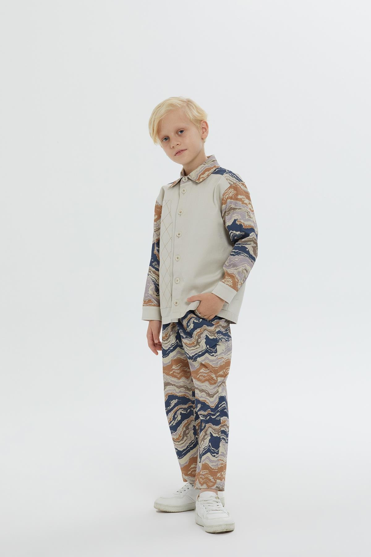 Beige Shirt for Boys with Shirt Collar, Pattern, and Stitch Detail