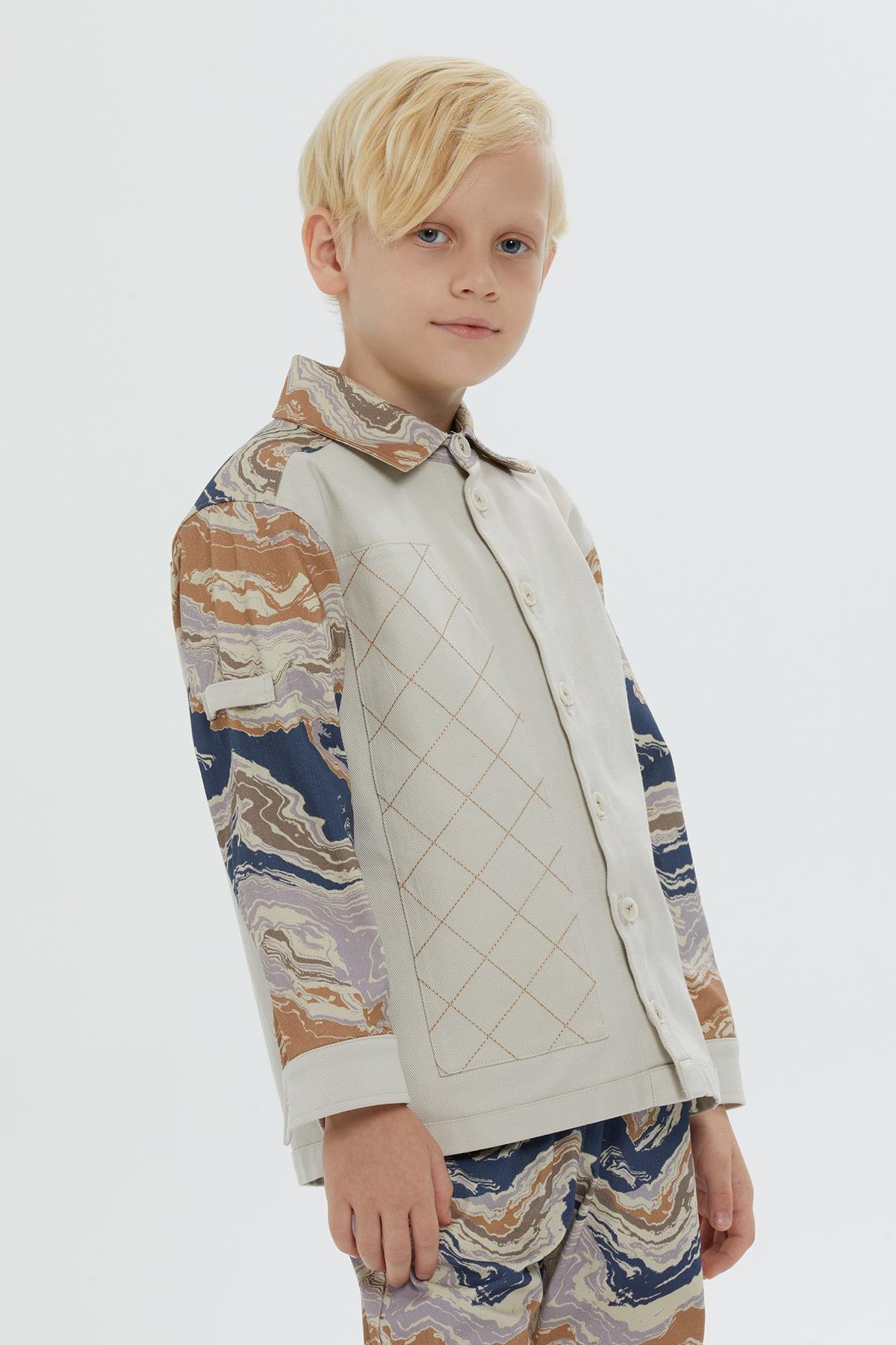 Beige Shirt for Boys with Shirt Collar, Pattern, and Stitch Detail