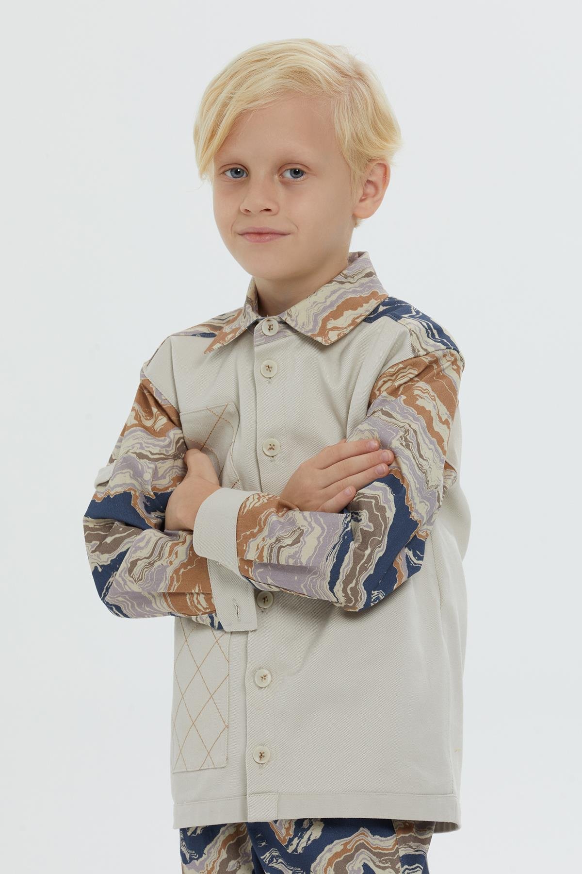 Beige Shirt for Boys with Shirt Collar, Pattern, and Stitch Detail