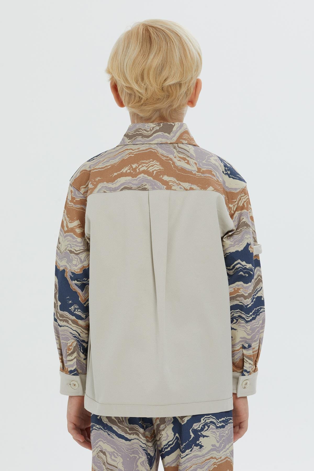 Beige Shirt for Boys with Shirt Collar, Pattern, and Stitch Detail