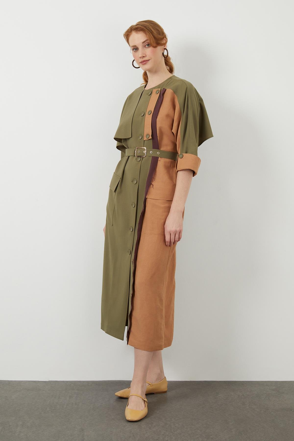 Gömlek Yakalı Kolu Etiket Detaylı Astarlı Yeşil Trençkot