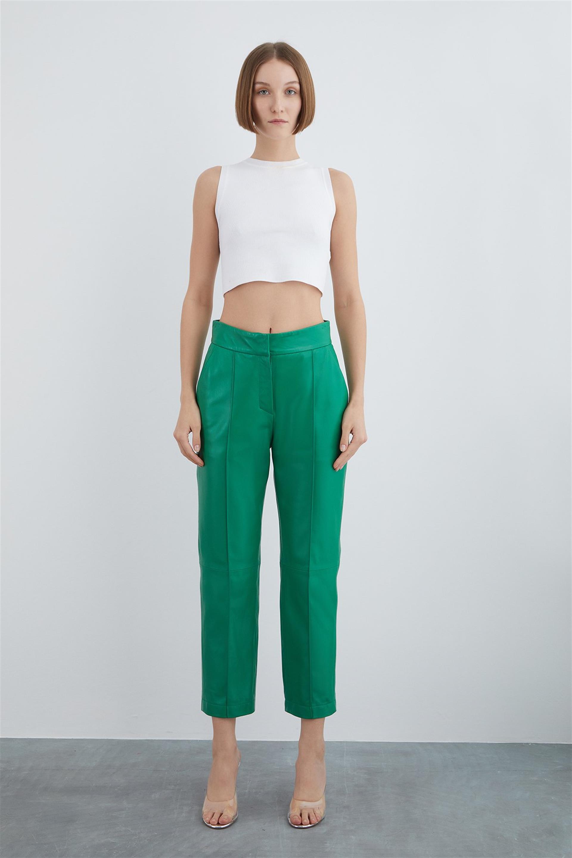 Green Leather Trousers With Front Stitching Detail