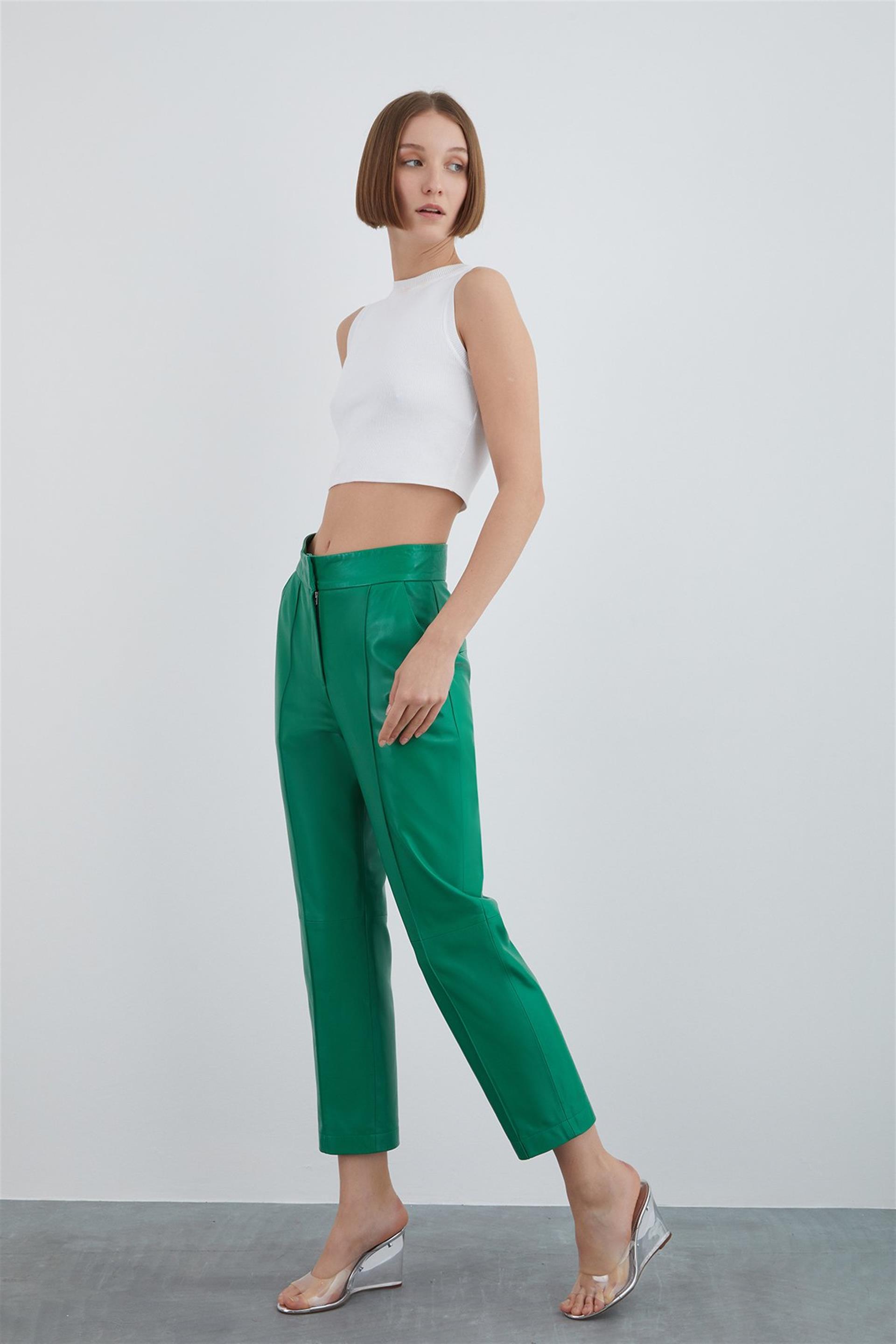 Green Leather Trousers With Front Stitching Detail
