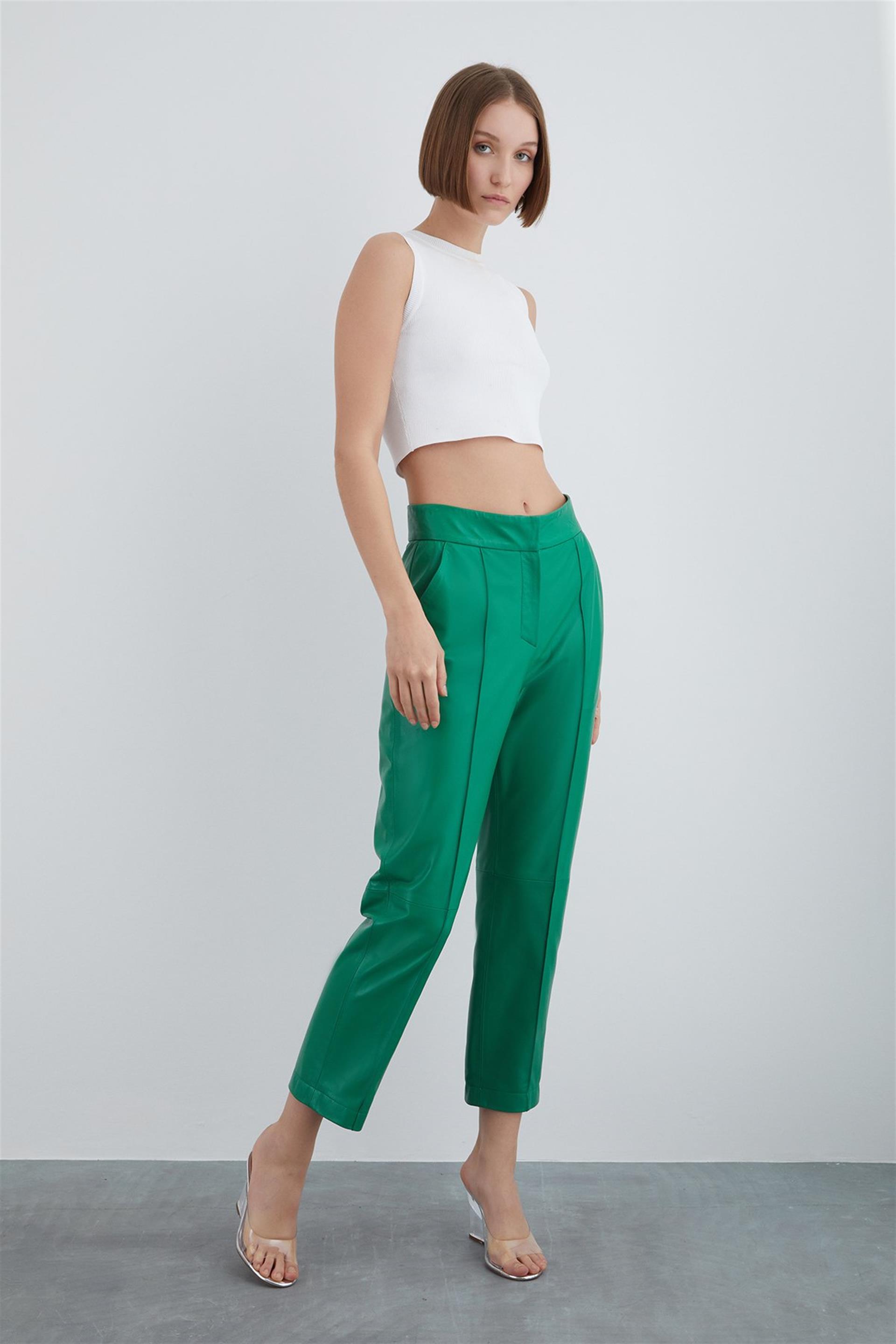 Green Leather Trousers With Front Stitching Detail