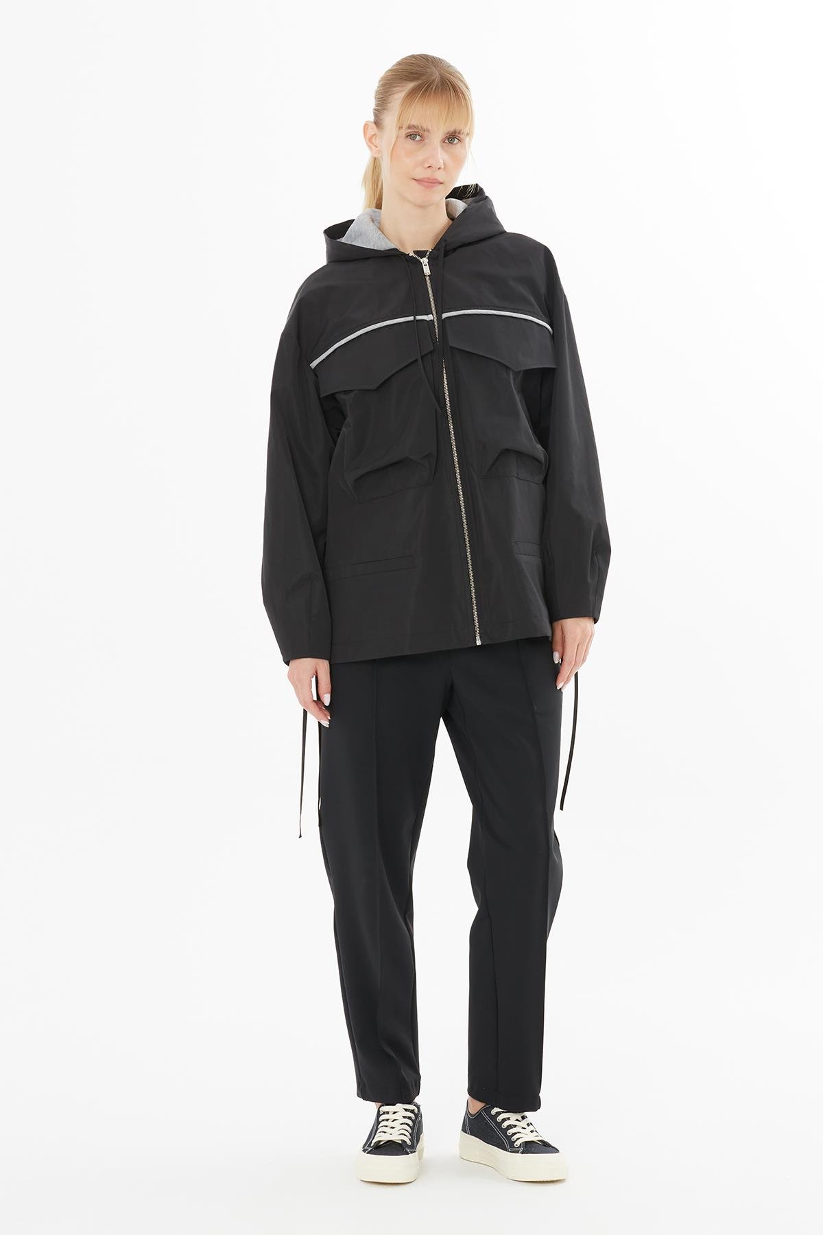 Black Sporty Jacket with Grey Hood and Zip Front