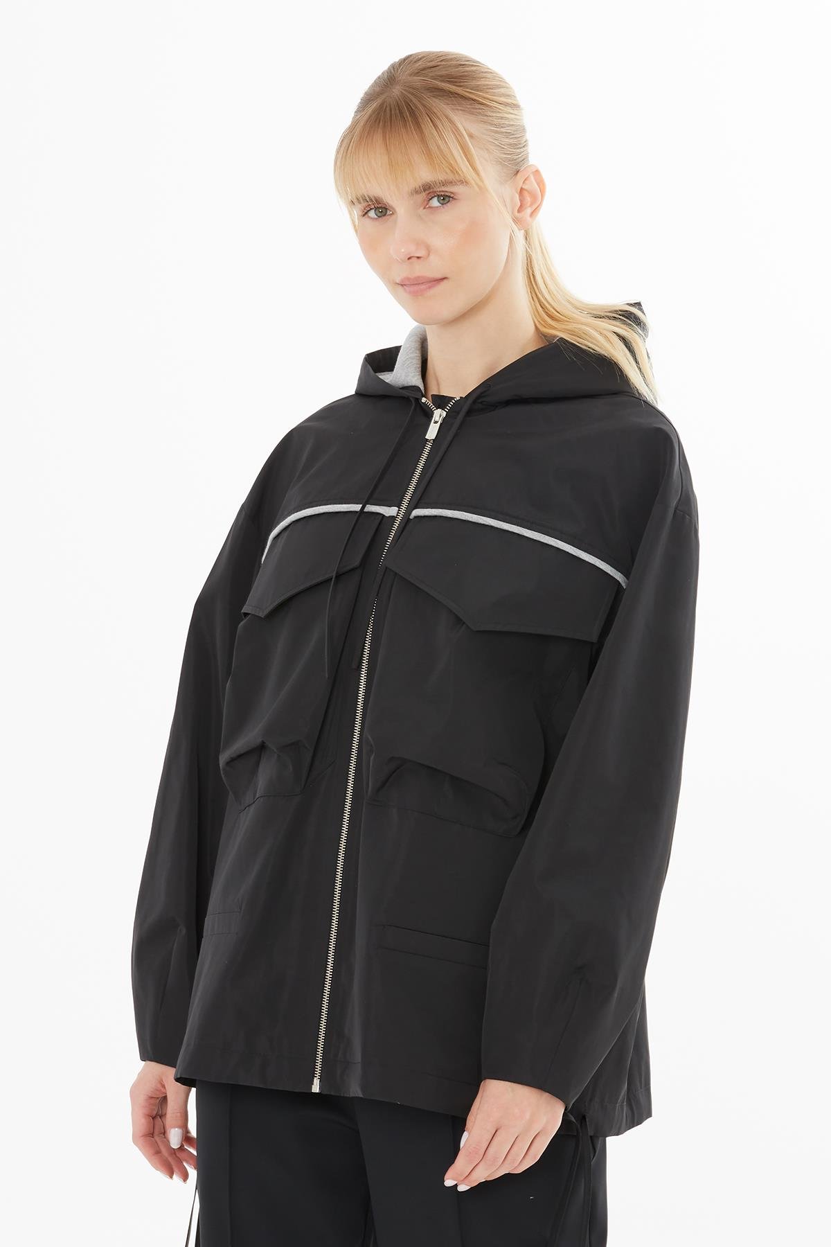 Black Sporty Jacket with Grey Hood and Zip Front