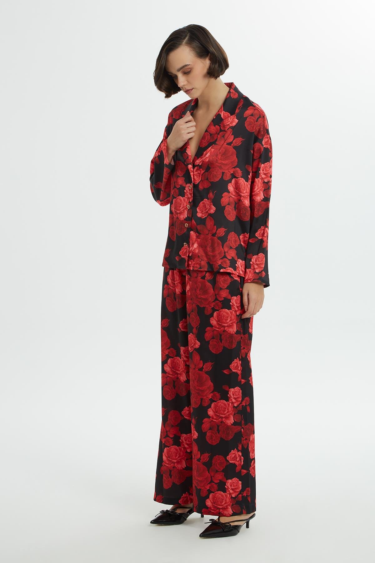 Gül Desenli Gömlek Ve  Beli Lastikli Palazzo Pantolon